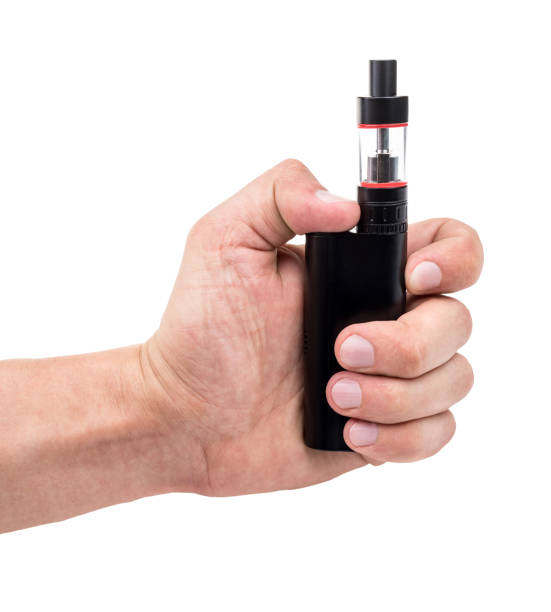 istock Black vape in a man's hand on a white isolated background 1072286816