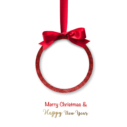 Merry Christmas and Happy New Year Xmas red ball hanging ornament decoration with red bow ribbon and copyspace for party invitation and greeting card