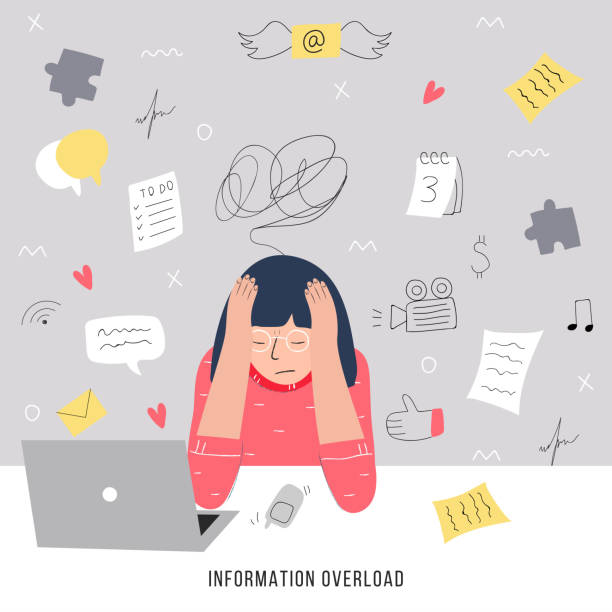 Information overload and multitasking problems concept. Flat and handdrawn vector illustration. Information overload and multitasking problems concept. Flat and handdrawn vector illustration chaos illustrations stock illustrations