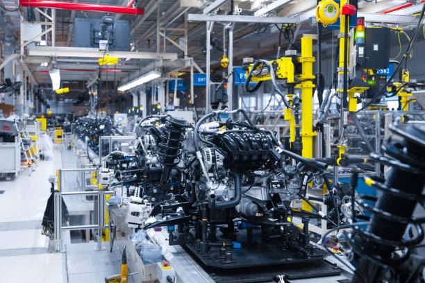 istock Automotive mechanical assembly, engine, transmission, suspension and breaking system. Automotive engine assembly line is in production. Car Assembly by parts 1072287412