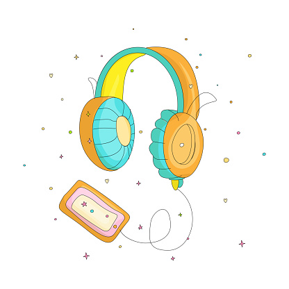 Funny cartoon colored headphones with retro player cassette. Cute headset vector illustration with decoration elements. Colored headphones cute vintage icon player on white background.