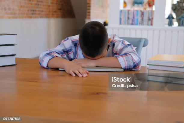 Faul Betonte Kleine Asiatische Kind Junge Ruhen Schlafen Auf Schreibtisch Kind Einschlafen Kinder Müde In Klassenzimmer Zu Studieren Stockfoto und mehr Bilder von Akademisches Lernen