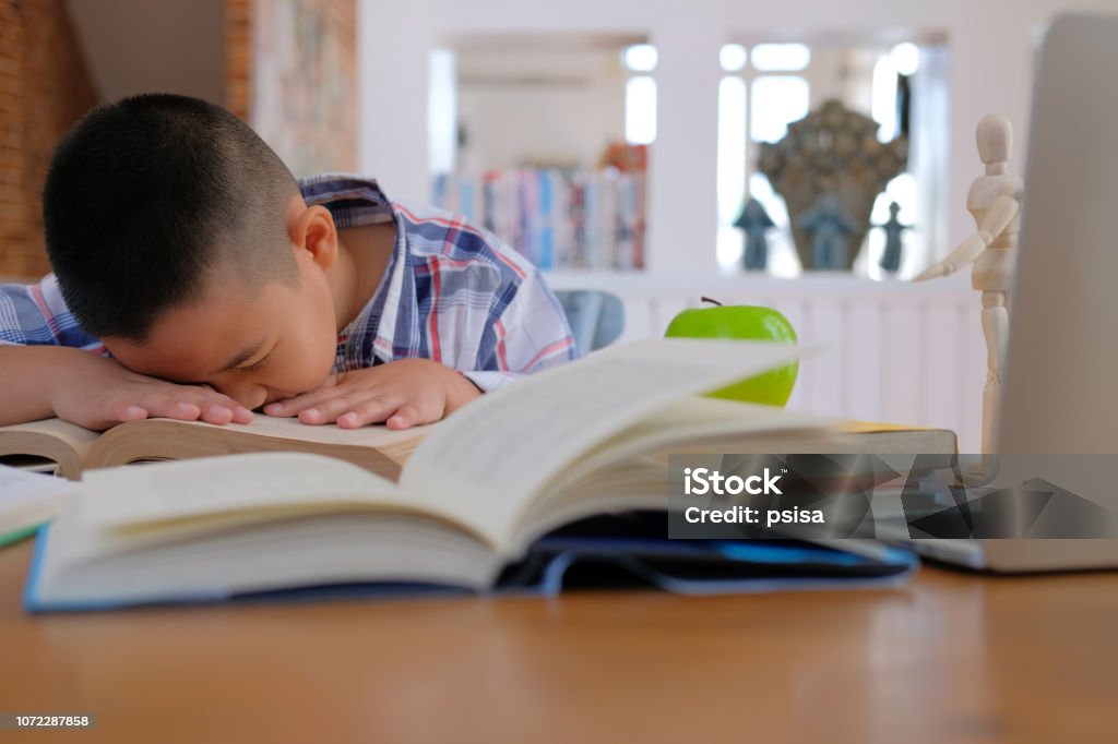 faul betonte kleine asiatische Kind junge ruhen, schlafen auf Schreibtisch. Kind einschlafen. Kinder müde vom Studium - Lizenzfrei Akademisches Lernen Stock-Foto