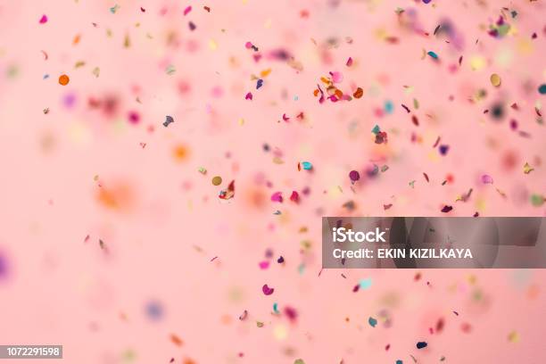 Confetti Rain On Pink Background Stock Photo - Download Image Now - Confetti, Christmas, Party - Social Event