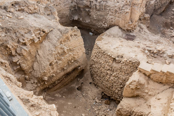 Prime plan Neolithic tower nine meters from the archaeological site Tell es Sultan. Palestinian Jericho stock photo