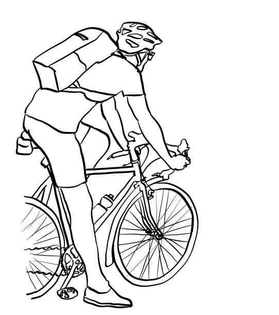 Athletic Cyclist Line drawing of a cyclist at a stop cycling bicycle pencil drawing cyclist stock illustrations