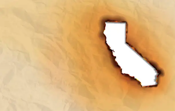 Vector illustration of Сalifornia Wildfire State Map Burning Wrinkled Paper on Fire