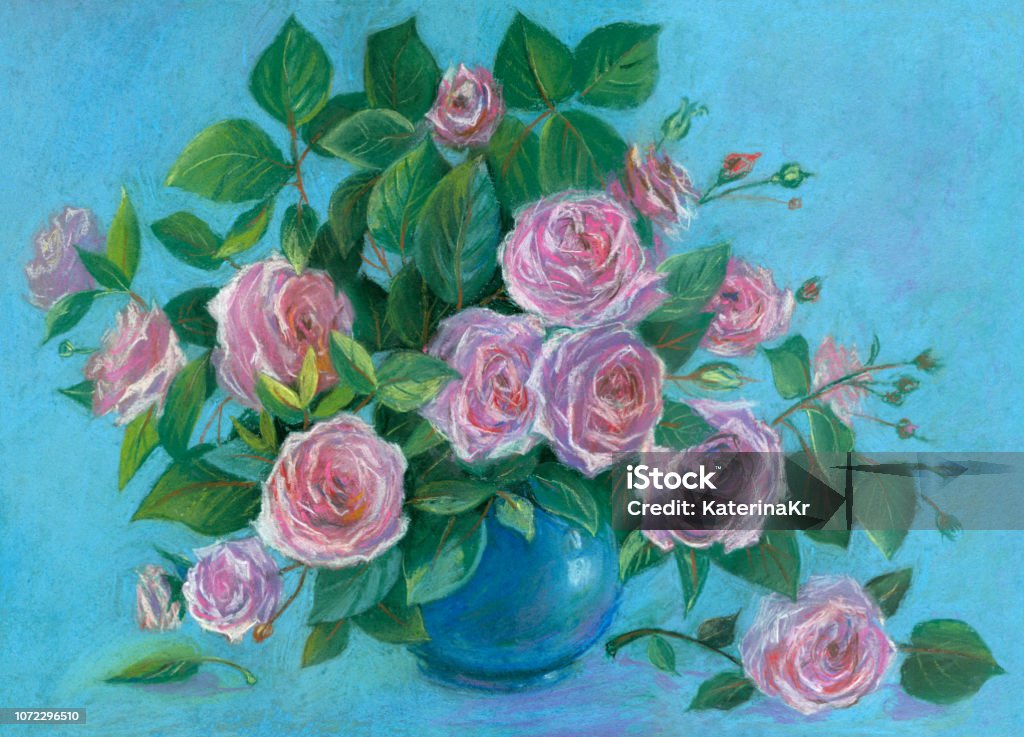 Bouquet Of Roses In A Vase Stock - Download Image - Oil Pastel Drawing, Flower, Blue - iStock