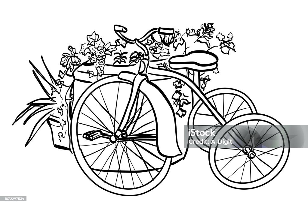 Retro Tricycle Flowers Antique tricycle becomes part of a garden design Doodle stock vector