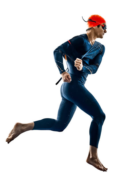 triatlón triatleta blanco de silueta aislado de traje de baño de nadador - triathlete fotografías e imágenes de stock