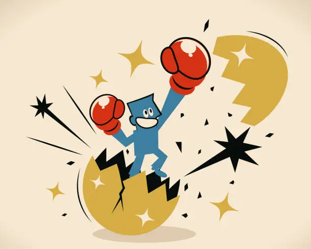 Vector illustration of Businessman breaking and jumping out of a giant eggshell with fist punching the air with boxing glove