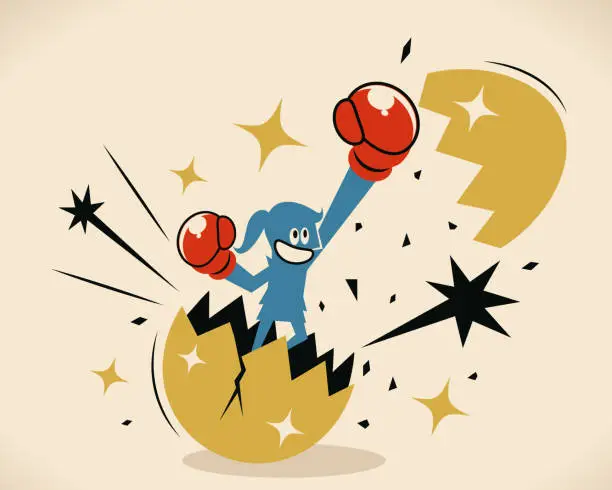 Vector illustration of Businesswoman breaking and jumping out of a giant eggshell with fist punching the air with boxing glove