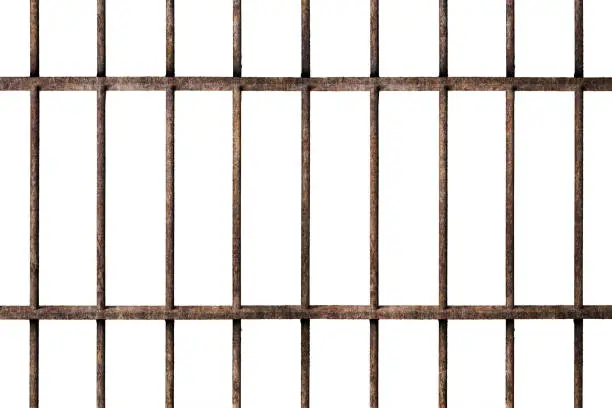 Photo of Old prison rusted metal bars cell lock isolated on white