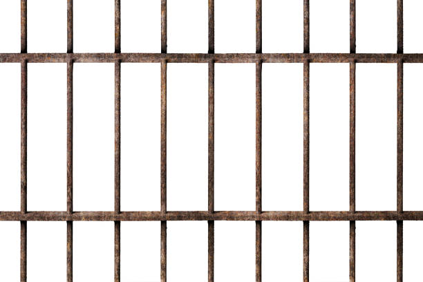 old prison rusted metal bars cell lock isolated on white - cela imagens e fotografias de stock