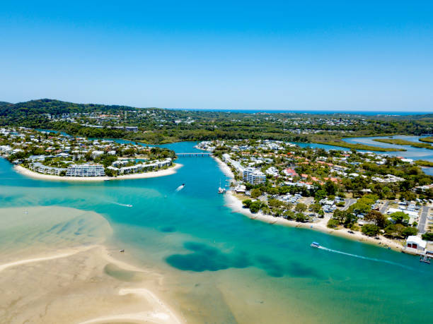 An aerial view of the Noosa River on a clear day with blue water stock photo