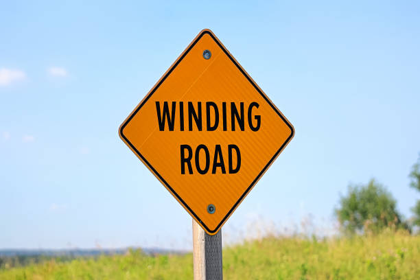 istock A winding road sign against a blue sky 1072325170