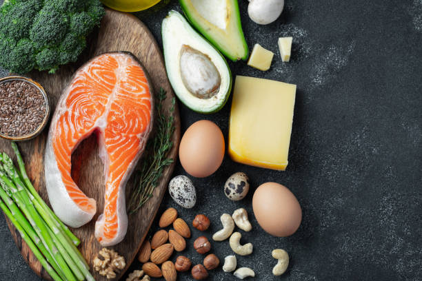 Keto Dieting 101: How to Calculate Your Macros 3 a set of healthy food for keto diet on a dark background fresh raw salmon steak with