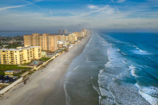 Aerial view of sunrise in Daytona Beach, Florida Aerial view of sunrise in Daytona Beach, Florida daytona beach stock pictures, royalty-free photos & images