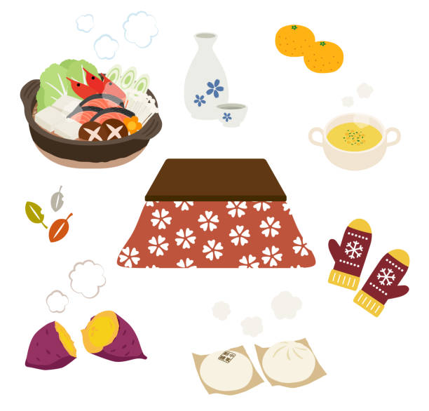 ilustraciones, imágenes clip art, dibujos animados e iconos de stock de comida kotatsu y caliente en invierno - raw potato isolated vegetable white background