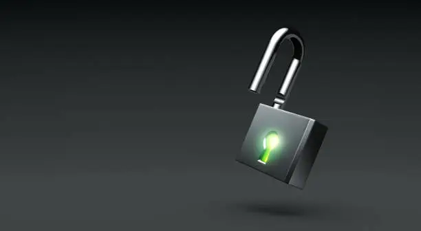 Glowing open lock on dark background - 3D Rendering