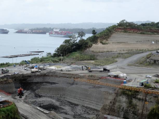 Container ship rounding a bend in the Panama Canal.