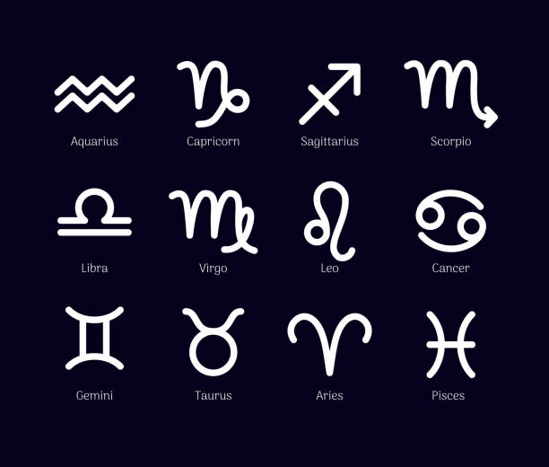 ilustraciones, imágenes clip art, dibujos animados e iconos de stock de signos del zodiaco set aisladas sobre fondo negro - adivinación