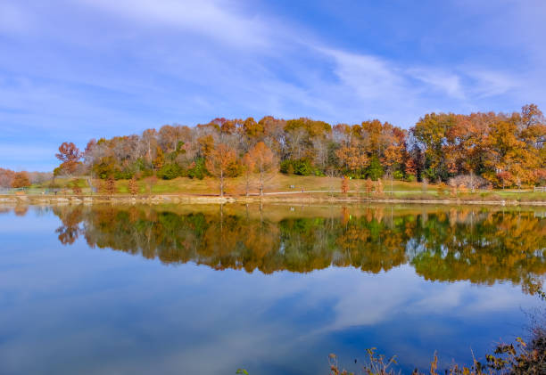istock Park by lake in autumn at sunset with reflections 1072362264