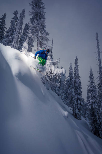 Skiing on a powder day Skiing in powder conditions. ski resort flash stock pictures, royalty-free photos & images