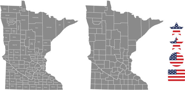 Minnesota county map vector outline in gray background. Minnesota state of USA map with counties names labeled and United States flag icon vector illustration designs The maps are accurately prepared by a GIS and remote sensing expert. morrison stock illustrations
