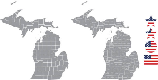 灰色の背景のミシガン州郡地図ベクトル アウトライン。郡名とミシガン州の地図とアメリカ合衆国フラグ アイコン ベクトル イラスト デザイン - michigan点のイラスト素材／クリップアート素材／マンガ素材／アイコン素材