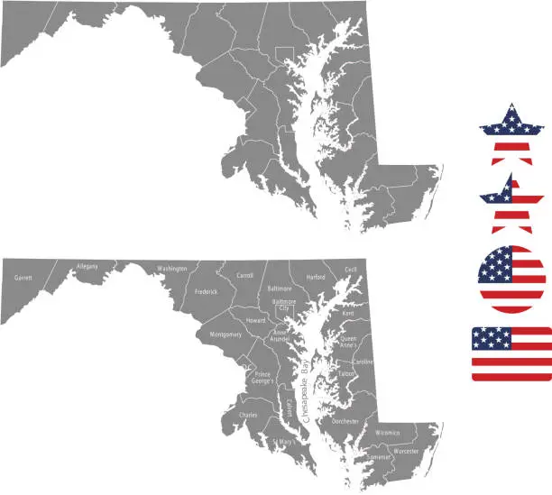 Vector illustration of Maryland county map vector outline in gray background. Maryland state of USA map with counties names labeled and United States flag icon vector illustration designs