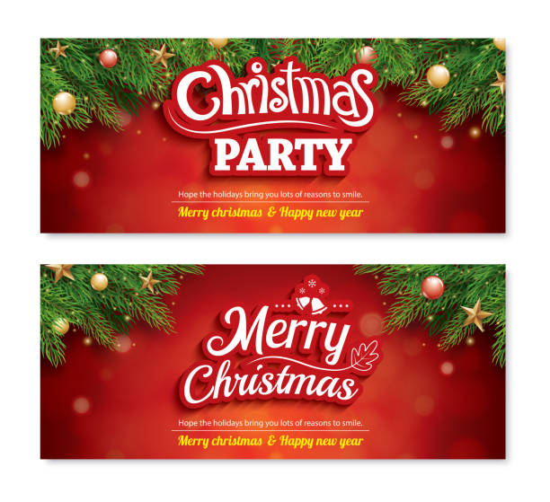 frohe weihnachten einladung party poster banner und grußkarte design-vorlage auf rotem grund. frohe weihnachten und neujahr mit geschenk-box-design-konzept. - christmas theme stock-grafiken, -clipart, -cartoons und -symbole