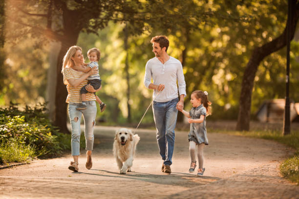 счастливая семья весело провести время с собакой в весенний день. - family with two children family park child стоковые фото и изображения