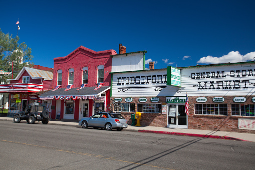 Bridgeport, CA, USA - July 15, 2011: Shops at main street Bridgeport. Bridgeport is a census designated place in and the county seat of Mono County.It lies at an elevation of 6463 feet in the middle of the Bridgeport Valley.