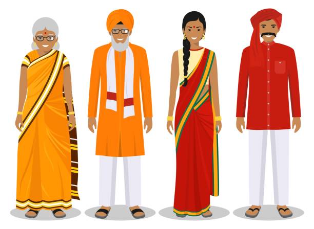 familie und soziales konzept. indische person generationen in verschiedenen altersstufen. satz von erwachsenen menschen in nationalen trachten: vater, mutter, großmutter, großvater zusammenstehen. vektor-illustration. - indian culture family senior adult asian ethnicity stock-grafiken, -clipart, -cartoons und -symbole