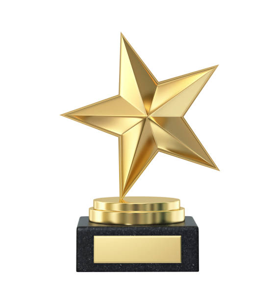 premio trofeo estrella oro aislado en blanco - forma de estrella fotos fotografías e imágenes de stock