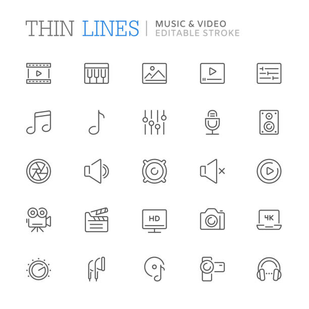 音楽やビデオ関連の線のアイコンのコレクションです。編集可能なストローク - マルチメディア点のイラスト素材／クリップアート素材／マンガ素材／アイコン素材