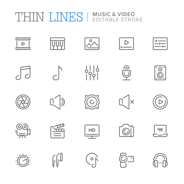 Collection of music and video related line icons. Editable stroke Collection of music and video related line icons. Editable stroke multimedia stock illustrations