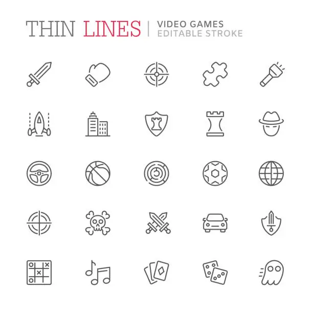 Vector illustration of Video game genres related line icons. Editable stroke