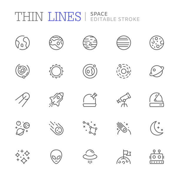 Collection of space related line icons. Editable stroke Collection of space related line icons. Editable stroke moon icons stock illustrations