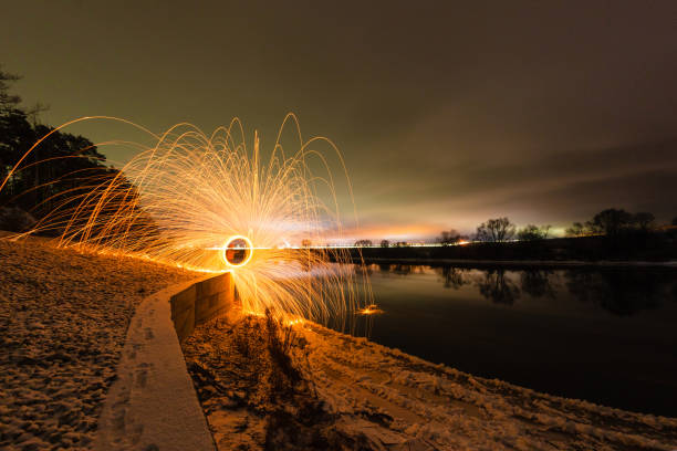 istock Trajectory of burning sparks reflected on the river surface 1072395158