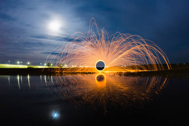 istock Trajectory of burning sparks reflected on the river surface 1072395176