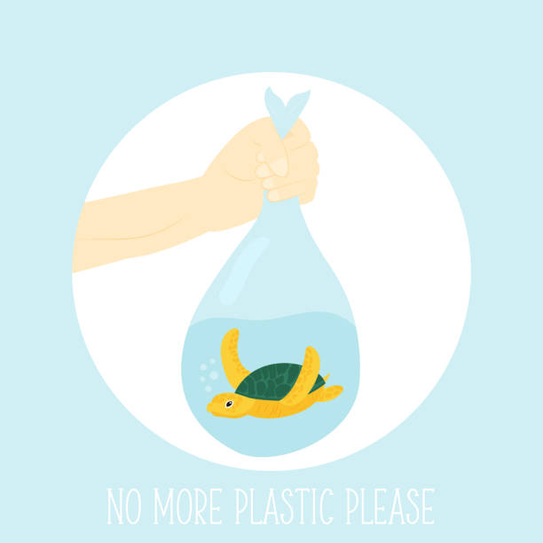 ilustrações de stock, clip art, desenhos animados e ícones de eco concept poster with marine turtle in a plastic bag. environment protection. stop ocean pollution. - iceberg banner animal bird