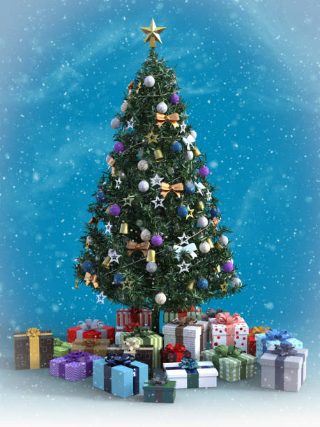 istock 3D rendering of a Christmas tree with gifts under. 1072395768