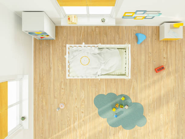 camera da letto per bambini con mobili sopra la vista dall'alto - bedroom nursery domestic room playroom foto e immagini stock