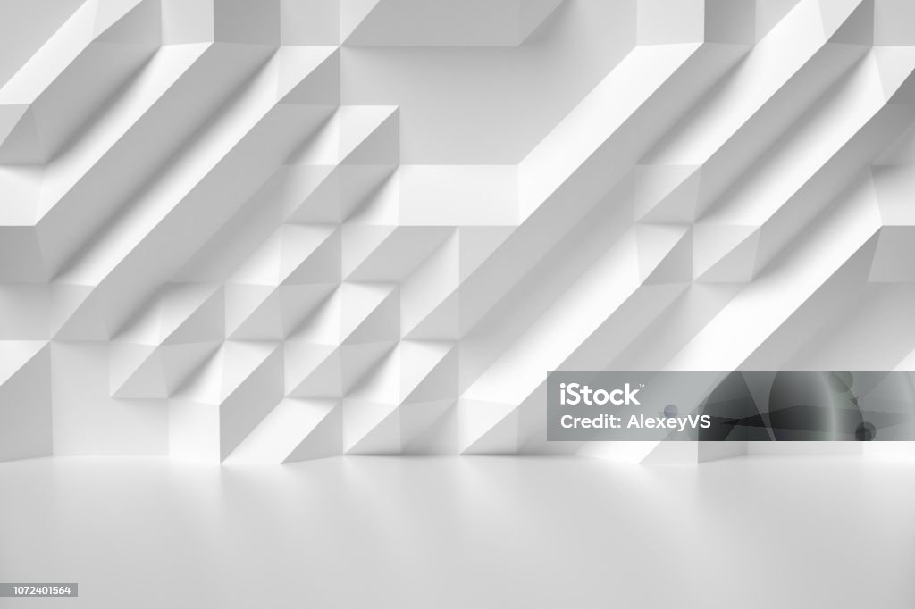 White abstract room wall colorless illustration Abstract white room wall with futuristic bumpy geometric polygonal surface colorless 3d illustration Three Dimensional Stock Photo