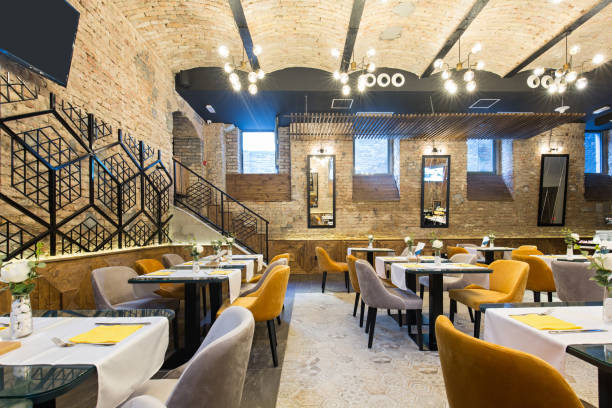 istock Interior of a modern hotel restaurant with brick wall 1072409300