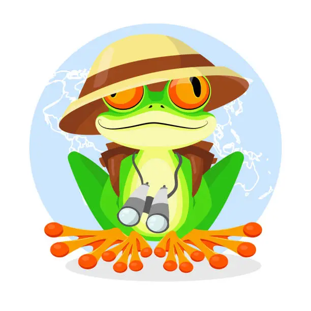 Vector illustration of Smart frog explorer. Study children profession. Baby vector illustration.