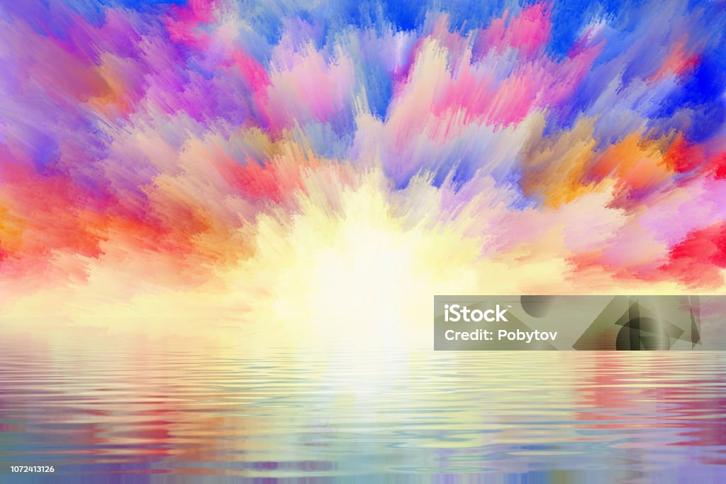 fabulous sunrise reflected in the water dramatic clouds reflected in water, digital and watercolor painting Watercolor Painting stock illustration