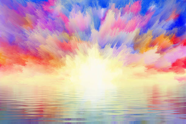 fabulous sunrise reflected in the water dramatic clouds reflected in water, digital and watercolor painting fantasy landscape stock illustrations